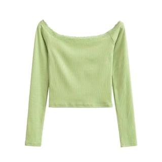 Long Sleeve Off-Shoulder Lace-Trim Plain Slim-Fit Crop Top Green Long Sleeve Off-Shoulder Lace-Trim Plain Slim-Fit Crop Top Green