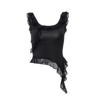 Scoop Neck Plain Ruffle Trim Asymmetrical Crop Tank Top Black Scoop Neck Plain Ruffle Trim Asymmetrical Crop Tank Top Black