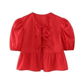 Short-Sleeve Plain Peplum Tie Front Blouse Red Short-Sleeve Plain Peplum Tie Front Blouse Red