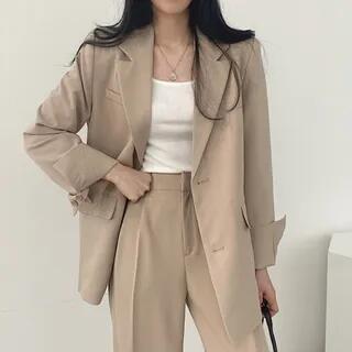 Lapel Collar Plain Single-Breasted Blazer High Waist Wide Leg Dress Pants Blazer – Khaki