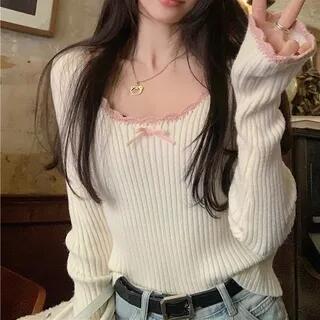 Long-Sleeve Lace Trim Plain Ribbed Top Pink Trim – White Long-Sleeve Lace Trim Plain Ribbed Top Pink Trim – White