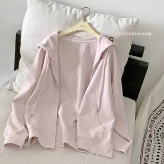 Henley Plain Lace Trim Ribbed Crop Camisole Top Drawstring Waist Mini A-Line Skirt Zip-Up Hoodie Hoodie – Pink