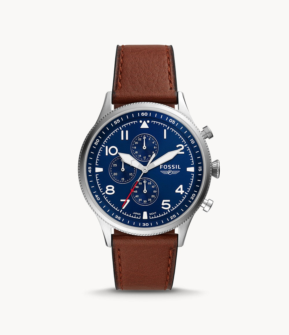 Retro Pilot Chronograph Watch mm, Blue Matte Dial, Brown Eco Leather Strap Retro Pilot Chronograph Watch mm, Blue Matte Dial, Brown Eco Leather Strap