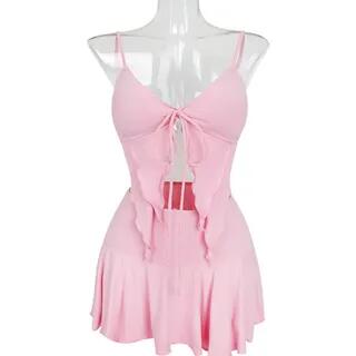 Set: Lettuce Hem Tie-String Bikini Crop Top + Panel Swim Skirt Pink Set: Lettuce Hem Tie-String Bikini Crop Top + Panel Swim Skirt Pink
