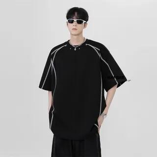 Elbow-Sleeve Crew Neck Plain Contrast Stitching Shirt Black Elbow-Sleeve Crew Neck Plain Contrast Stitching Shirt Black