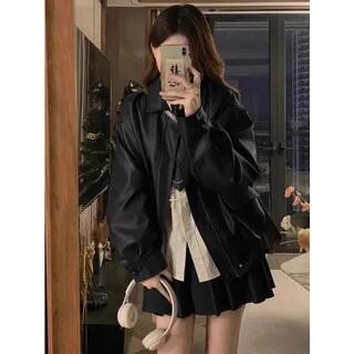 Collared Plain Faux Leather Zip Jacket Black Collared Plain Faux Leather Zip Jacket Black