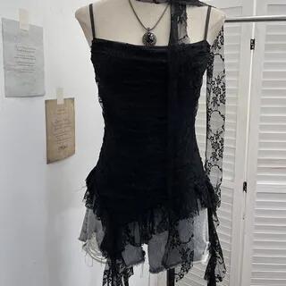 Asymmetrical Ruffle Trim Lace Slim Fit Camisole Top With Thin Scarf Black Asymmetrical Ruffle Trim Lace Slim Fit Camisole Top With Thin Scarf Black