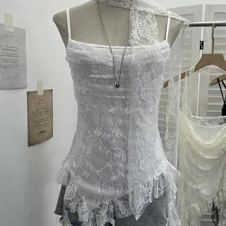 Asymmetrical Ruffle Trim Lace Slim Fit Camisole Top With Thin Scarf White Asymmetrical Ruffle Trim Lace Slim Fit Camisole Top With Thin Scarf White
