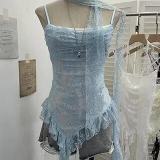 Asymmetrical Ruffle Trim Lace Slim Fit Camisole Top With Thin Scarf Blue Asymmetrical Ruffle Trim Lace Slim Fit Camisole Top With Thin Scarf Blue