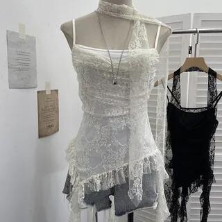 Asymmetrical Ruffle Trim Lace Slim Fit Camisole Top With Thin Scarf Milky White Asymmetrical Ruffle Trim Lace Slim Fit Camisole Top With Thin Scarf Milky White