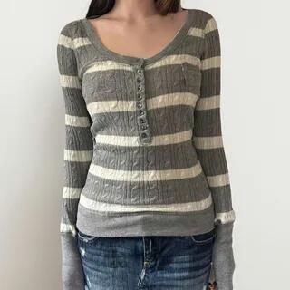 Long Sleeve Scoop Neck Striped Slim-Fit Knit Top Gray Long Sleeve Scoop Neck Striped Slim-Fit Knit Top Gray