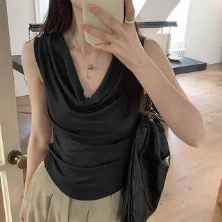 Cowl Neck Plain Slim Fit Crop Tank Top Dark Gray Cowl Neck Plain Slim Fit Crop Tank Top Dark Gray