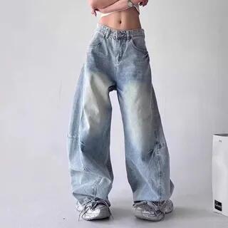 Mid Rise Washed Barrel Baggy Jeans Blue Mid Rise Washed Barrel Baggy Jeans Blue