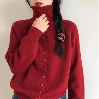 Turtleneck Button-Up Plain Cardigan Red Turtleneck Button-Up Plain Cardigan Red