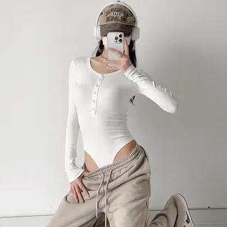 Long-Sleeve Crew Neck Half-Buttoned Plain Bodysuit Top White Long-Sleeve Crew Neck Half-Buttoned Plain Bodysuit Top White
