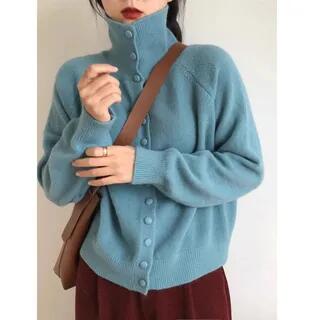 Turtleneck Button-Up Plain Cardigan Aqua Blue Turtleneck Button-Up Plain Cardigan Aqua Blue