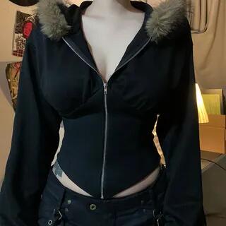 Plain Fluffy Trim Zip Cropped Hoodie Black Plain Fluffy Trim Zip Cropped Hoodie Black