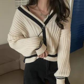 V-Neck Contrast Trim Button-Up Cardigan White V-Neck Contrast Trim Button-Up Cardigan White