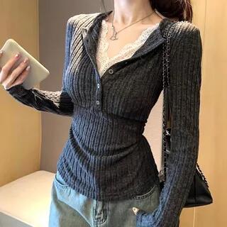 Long Sleeve V-Neck Lace-Trim Ribbed-Knit Slim-Fit Top Gray Long Sleeve V-Neck Lace-Trim Ribbed-Knit Slim-Fit Top Gray