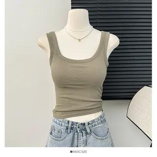 Basic U-Neck Crop Tank Top in Colors Khaki Green Basic U-Neck Crop Tank Top in Colors Khaki Green