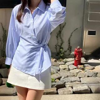 Striped Tie-Side Button-Up Shirt Stripe – Blue