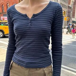 Long Sleeve Half-Button Striped Slim-Fit Crop Top Blue Long Sleeve Half-Button Striped Slim-Fit Crop Top Blue