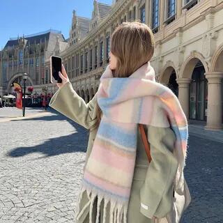Color Block Fringed Scarf Pink –