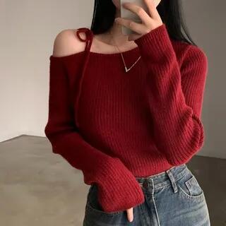 Long-Sleeve Cold-Shoulder Plain Ribbed Knit Top Red Long-Sleeve Cold-Shoulder Plain Ribbed Knit Top Red