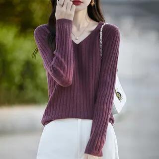 Long-Sleeve V-Neck Ribbed Knit Top Fuchsia Long-Sleeve V-Neck Ribbed Knit Top Fuchsia