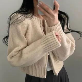 Round Neck Plain Zip Cardigan White Round Neck Plain Zip Cardigan White
