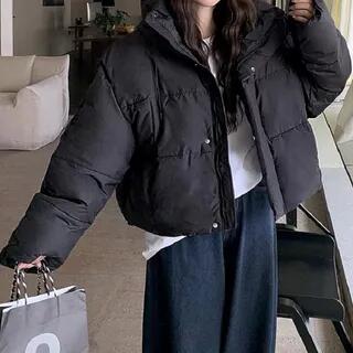 Stand Collar Plain Hood Zip Puffer Jacket Black Stand Collar Plain Hood Zip Puffer Jacket Black