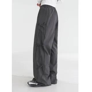 Elastic Waist Plain Tie Side Wide Leg Pants Dark Gray Elastic Waist Plain Tie Side Wide Leg Pants Dark Gray