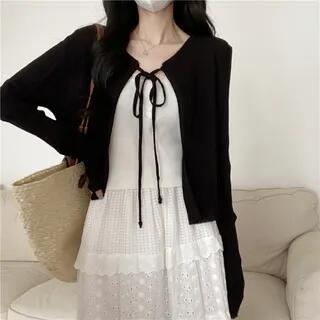 Crew Neck Ribbed Tie Front Top Cardigan – Black Crew Neck Ribbed Tie Front Top Cardigan – Black