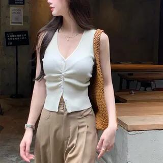 V-Neck Plain Ribbed Knit Tank Top White