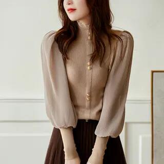 Long-Sleeve Turtleneck Plain Chiffon Panel Button Accent Frill Trim Knit Top Khaki
