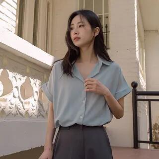 Cap-Sleeve Plain Crepe Shirt Beige