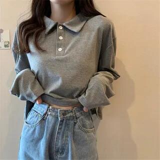 Long-Sleeve Plain Polo Shirt Gray – L Long-Sleeve Plain Polo Shirt Gray – L