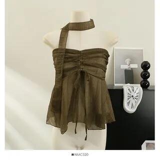 Plain Drawstring Ruched Mesh Tube Top with Scarf Coffee Plain Drawstring Ruched Mesh Tube Top with Scarf Coffee
