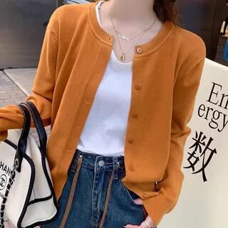 Round Neck Plain Button Up Cardigan Orange Round Neck Plain Button Up Cardigan Orange
