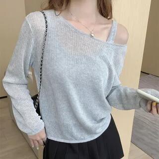 Scoop Neck Plain Tank Top Long-Sleeve Off-Shoulder Sheer Top Gray Scoop Neck Plain Tank Top Long-Sleeve Off-Shoulder Sheer Top Gray