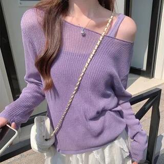 Scoop Neck Plain Tank Top Long-Sleeve Off-Shoulder Sheer Top Purple Scoop Neck Plain Tank Top Long-Sleeve Off-Shoulder Sheer Top Purple