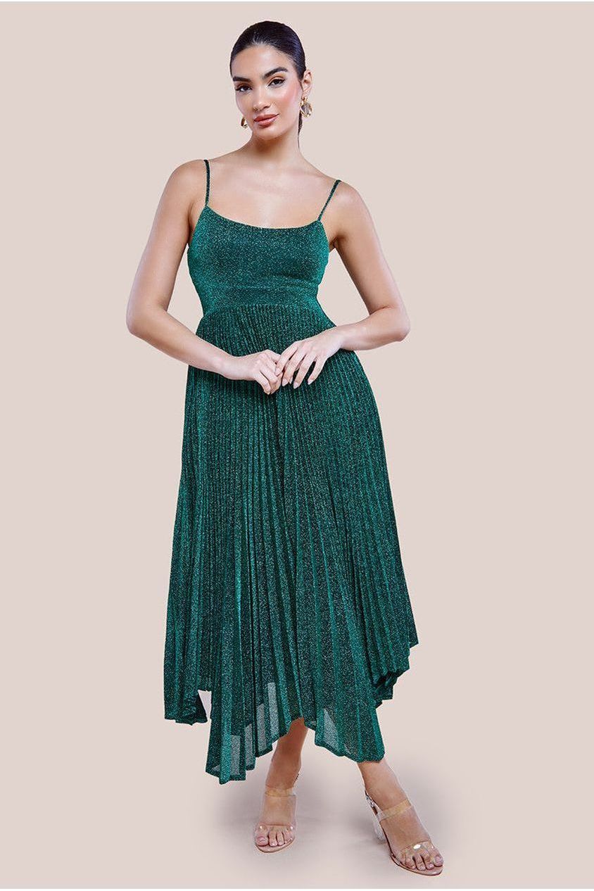 Goddiva Tie Back Pleated Lurex Skater Midi Dress Goddiva Tie Back Pleated Lurex Skater Midi Dress