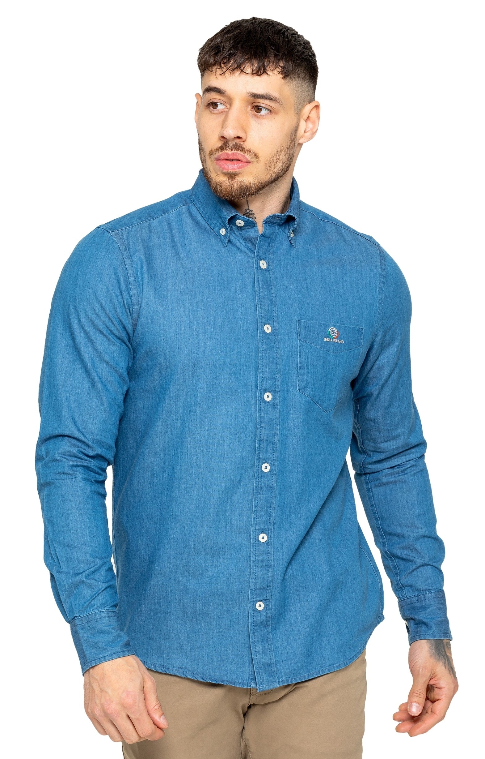 Men’s Regular Fit Denim Shirt – Long Sleeve, Button-Down Collar, Embroidered Logo, Indigo Cotton, Autumn Wear Men’s Regular Fit Denim Shirt – Long Sleeve, Button-Down Collar, Embroidered Logo, Indigo Cotton, Autumn Wear