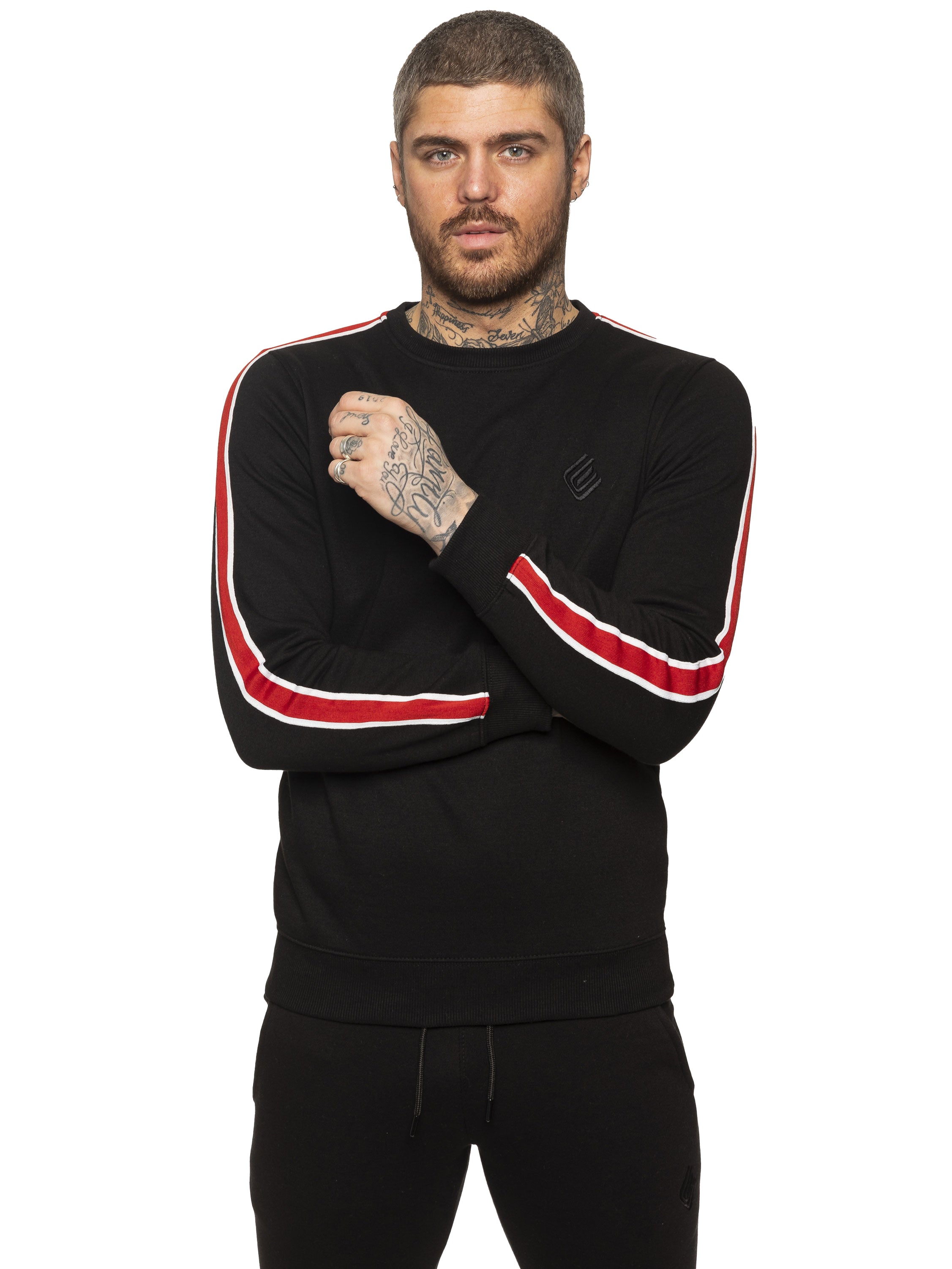 Mens Designer Crew Neck Sweatshirt – Navy Blue Fitted Long Sleeve with Striped Sleeves & Embroidered Logo