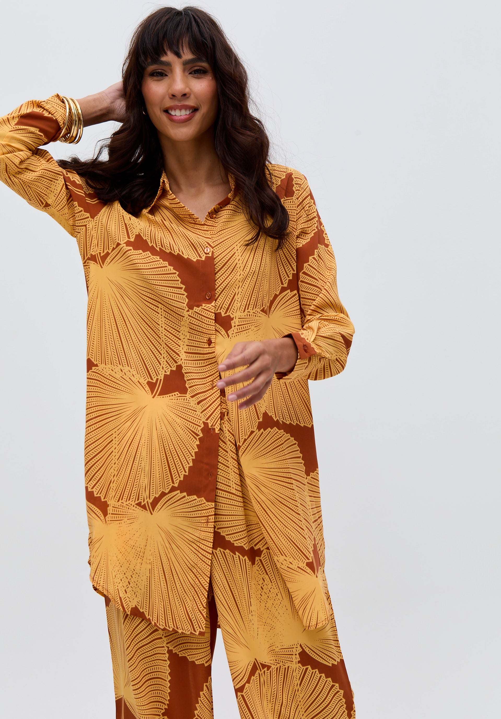 Clyde Button Down Abstract Leaf Print Shirt In Yellow Clyde Button Down Abstract Leaf Print Shirt In Yellow