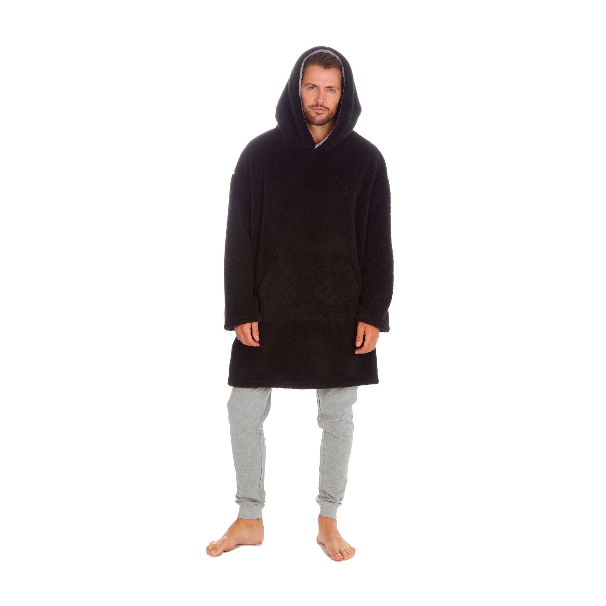 Mens Oversized Fleece Hoodie: Loungewear Hooded Blanket Snuggle Pyjamas Top – One Size Black Mens Oversized Fleece Hoodie: Loungewear Hooded Blanket Snuggle Pyjamas Top – One Size Black