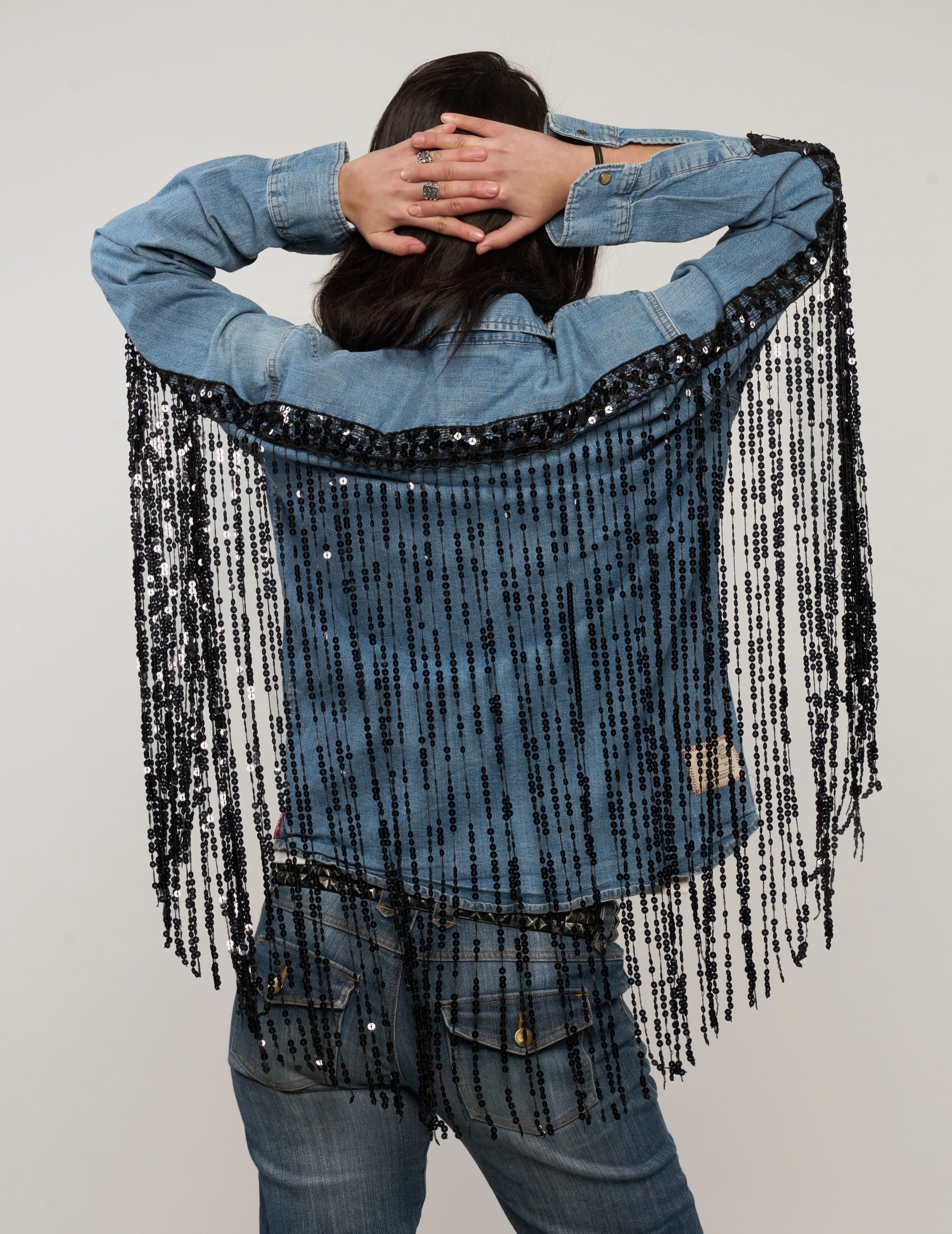 Party Back Sequinned Tassel Denim Shirt Party Back Sequinned Tassel Denim Shirt