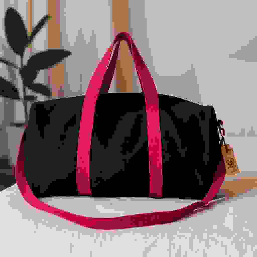 Gym Duffel Bag Black Cylindrical Cherry Pink Straps Gym Duffel Bag Black Cylindrical Cherry Pink Straps