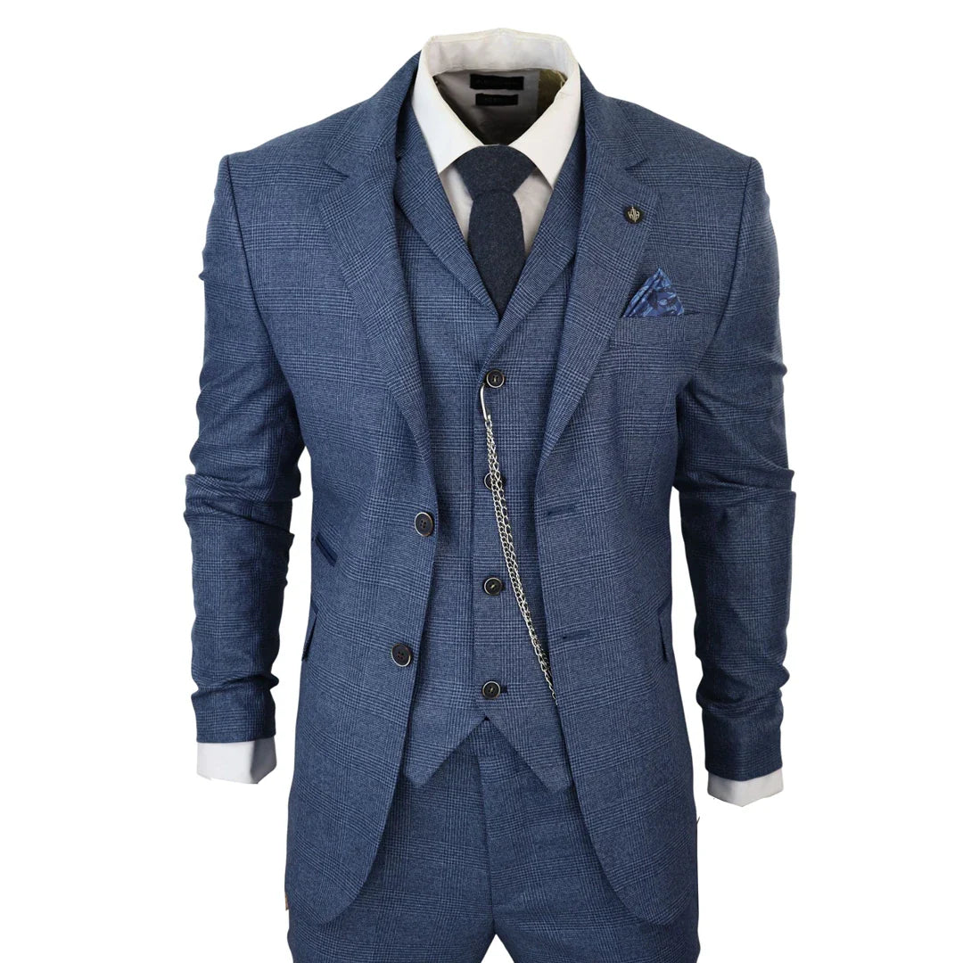 AK- – Men’s Piece Blue Prince Of Wales Check Suit – ” Jacket ” Trousers AK- – Men’s Piece Blue Prince Of Wales Check Suit – ” Jacket ” Trousers