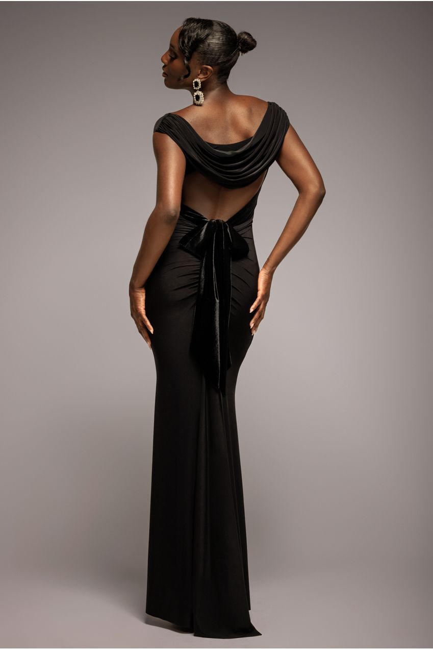 Goddiva Open Back Cowl Neck Gathered Maxi Dress With Velvet Tie Back Goddiva Open Back Cowl Neck Gathered Maxi Dress With Velvet Tie Back